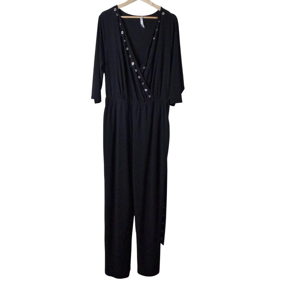 NY Collection Woman Jumpsuit Plus Size 1X Black Grommet Surplice Wide Leg Party